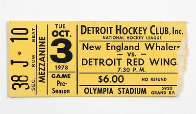 Detroit Red Wings VS New England Whalers Oct 3 1978 Ticket Stub Gordie Howe - Image 1 of 2