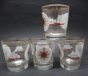 4 Vintage Libbey CLIPPER SHIP Kompass DOUBLE ROCKS GLÄSER 22kt Gold MCM - Bild 1 von 5