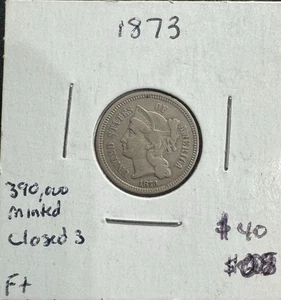 1873 Three Cent Nickel Coin Open 3 - Picture 1 of 2