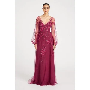 $ 1295 Theia Adora Mahroon bestickt Perlen Tüll Cocktail Maxikleid Gr 8 - Bild 1 von 18