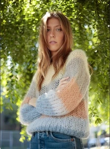 Miami 450 $ Mohair Wolle Handstrick Pullover gelb blau silber pfirsich - Bild 1 von 9