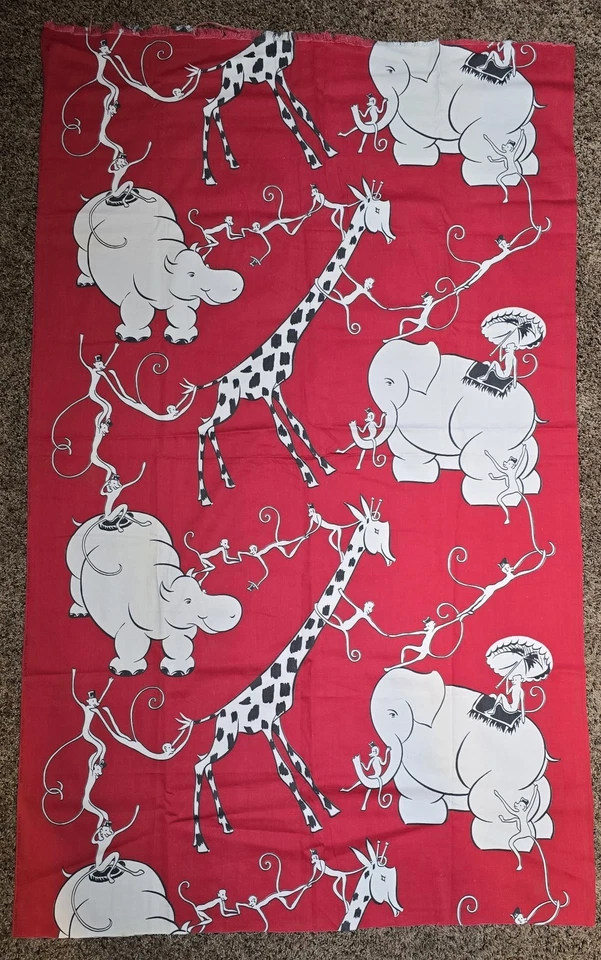 Whimsical Jungle Giraffes Monkeys Elephants 57" X 36" Red White Black Fabric  - Image 1 of 1