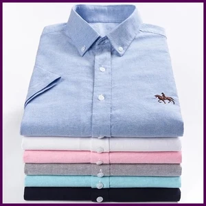 Men’s 100% Cotton Oxford Shirt Short Sleeve Solid Stripe Casual Formal 24... - Picture 1 of 47