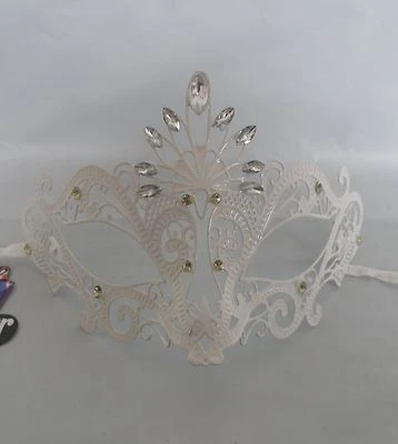 White Filigree Metal Venetian Masquerade Party Mask Clear Diamontes * NEW * - Image 1 of 2