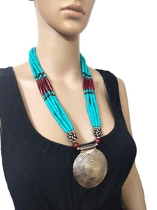 N5780 Bead Multi Strand Ethnic Spiral Pendant Handmade Gypsy Tibet Bold Necklace - Picture 1 of 12