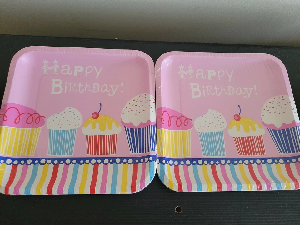 Cupcake Party Kids Happy Birthday Party 9" x 9" 24 Pcs. Paper Pink Plates - Image 1 of 2