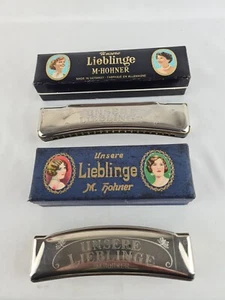 Vintage! 2 x Hohner Unsere Lieblinge Mundharmonika original Boxen,Stimmung C + F - Picture 1 of 16