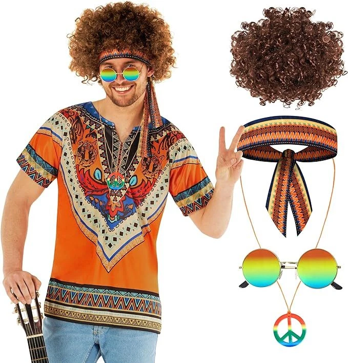 Mens 70s Hippie Costume + Afro Wig & Sunglasses Adult 60s Hippy Outfit Halloween - Image 1 of 4