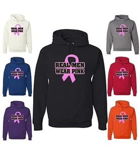 Real Men Wear Pink Hoodie Breast Cancer Awareness Sweatshirt Pink Ribbon Cure - Picture 1 of 9