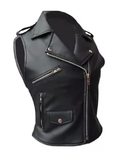 Womens Pure Leather Black Biker Vest Motorbike Steampunk Trench Leather Vest - Picture 1 of 4
