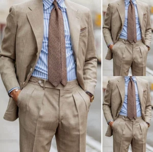 Khaki Linen Men's Suits Summer Formal Business Wedding Groom Tuxedo Two Pieces - Picture 1 of 8