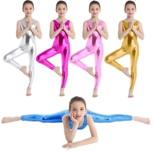 Kids Girls Shiny Metallic Ballet Dance Tank Leotard Gymnastics Full Body Catsuit - Picture 1 of 67