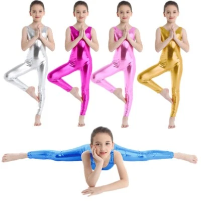 Kids Girls Shiny Metallic Ballet Dance Tank Leotard Gymnastics Full Body Catsuit - Image 1 of 2