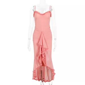 Woman Mesh Wrinkle Sling Bodycon Long Dress Gown Evening Party Dress - Picture 1 of 12