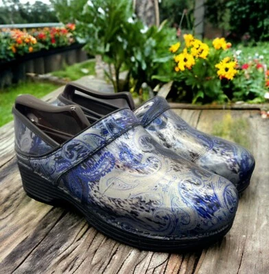 Dansko LT Pro Leather Clog Silver Blue Paisley Womens 7 Shoes Fast Ship - Image 1 of 4