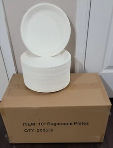 10" Round 500pcs Compostable Natural Sugarcane Biodegradable Plate Microwavable - Picture 1 of 4