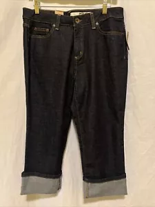 DKNY kurz geschnittene Jeans mit Manschetten dunkel gewaschen Denim Stretch Damen Größe 12 Petite neu mit Etikett - Bild 1 von 10