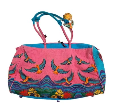 Laurie Burch Sun Sand Bag Large Parrot Bird Paradise Beach Blue Pink Hawaiian - Image 1 of 4