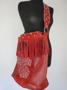 Fringed Suede Leather Shoulder Bag - Black / Red - Large - Picture 1 of 11
