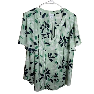 Liz Claiborne Blouse Women's 1X Green V-Neck Short Sleeve Floral Shirt Top - Picture 1 of 9