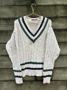 Vintage 90s Cambridge Bay Tennis Cricket Sweater V Neck Preppy Rib Cable Knit XL - Picture 1 of 19