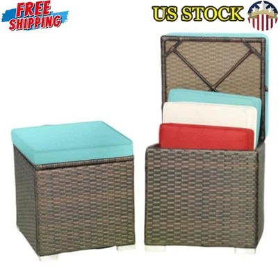 Wicker Ottoman Set of 2 W/ Storage Table Outdoor Garden Seat Turquoise) New - Image 1 of 4