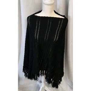 New York & Company schwarzer Strick Fransen Poncho Einheitsgröße offen gewebt Acryl - Bild 1 von 7