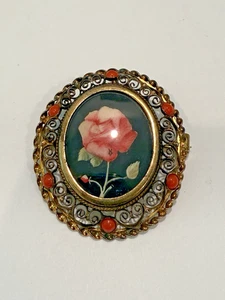 VINTAGE ANTIQUE GOLD VERMEIL & 800 SILVER CORAL & PAINTED ROSE BROOCH PENDANT - Picture 1 of 5