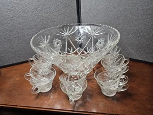 Vintage Anchor Hocking vorgeschnitten frühe amerikanische Davidstern Bowle und 14 Tassen - Bild 1 von 9