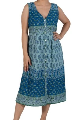 Vestido maxi La Cera floral algodão 3X azul verde peplum sem mangas paisley flare - Imagem 1 de 4
