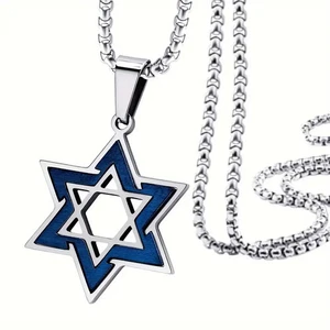 Jewelry Two Tone Stainless Steel Blue Unisex Star of David Jewish Star Necklace - Picture 1 of 1