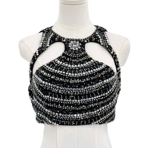 Pageant Glam Rachel Allan Halter Top Women Size 4 Black Rhinestone Cutout Prom - Picture 1 of 9