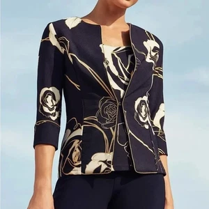 Joseph Ribkoff Twin Set Tank & Jacket US Sz 8 Midnight Blue Gold Trim Floral - Picture 1 of 12