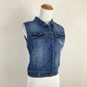 NWOT SPECIAL A Womens sz Small/XS Medium Wash Faux Pockets Distressed Denim Vest - Picture 1 of 15