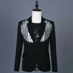 Men Sequin Wing Embroidery Suit Jacket Notch Lapel Tailored Blazer Top Coat Cool - Picture 1 of 9