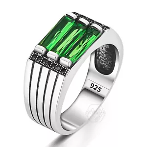 925 Sterling Silver Green Baguette Stones Turkish Men's Ring - Picture 1 of 4