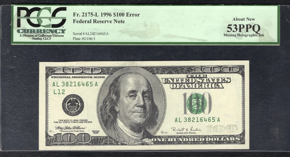 FR. 2175-L 1996 $100 FEDERAL RESERVE NOTE “MISSING HOLOGRAPHIC INK” PMG AU-53EPQ - Image 1 of 2