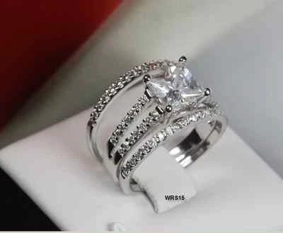 HALO 3 RING 2.1 CT STERLING SILVER VTG  PRINCESS CZ PAVE ENGAGEMENT WEDDING SET - Image 1 of 4