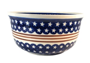 Boleslawiec Polish Pottery Americana Stars and Stripes Red White Blue 10” Bowl - Picture 1 of 7