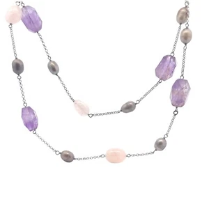 Collana A Due Fili In Argento Sterling Con Ametista, Quarzo Rosa E Perla Grigia - Foto 1 di 4
