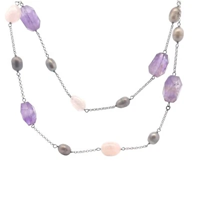 Collana A Due Fili In Argento Sterling Con Ametista, Quarzo Rosa E Perla Grigia - Immagine 1 di 4