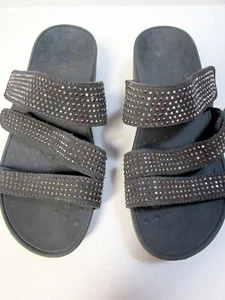 VIONIC Size 7 US Dark Gray "Alexis" Rhinestones Suede 3-Straps Slide Sandals - Picture 1 of 11