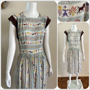 1940s Crepe Dress Roller Print Fall Autumn Harvest Horse Barn Gabardine Cuff VTG - Picture 1 of 24