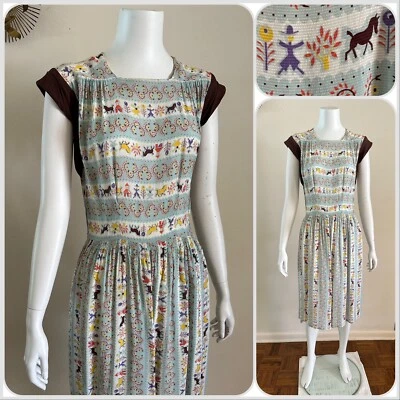 1940s Crepe Dress Roller Print Fall Autumn Harvest Horse Barn Gabardine Cuff VTG - Image 1 of 4