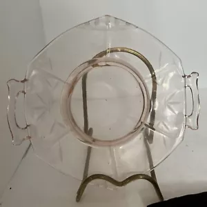 PINK DEPRESSION GLASS 6 SIDED 2 HANDLE PLATE Etched Leaf Design And Corners 7x8 - Picture 1 of 9