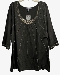 DENIM 24/7 Top Womens Plus Size 3X Black Gold Beaded Starburst Cotton Tunic - Picture 1 of 6