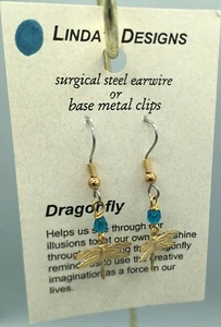 Gold Dragonfly with Czech Glass Bead Earrings, pierced - Picture 1 of 1