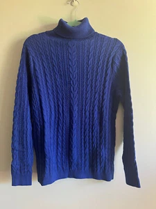 Lands End Cobalt Blue Cable Turtle Neck Cotton Long Sleeve Jumper - Size L BNWT - Picture 1 of 4