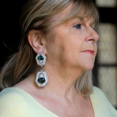 Ohrringe Groß Lang Clip On Golden Art Déco Geometrisch Strass Grün EH7 - Bild 1 von 4