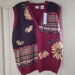 Women's Large Vintage Sweater Vest Blair NWT Sunflowers Fall Burgundy - Picture 1 of 8